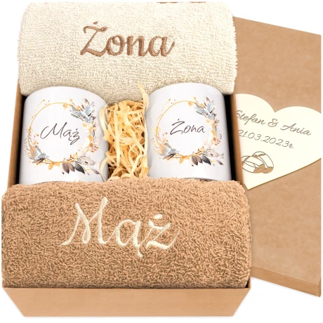 Przejdź do produktu Prezent Ślubny / dla pary – Ręczniki Żona i Mąż + Kubki | Idealny prezent na Ślub, Rocznicę, Jubileusz MZ1a_4