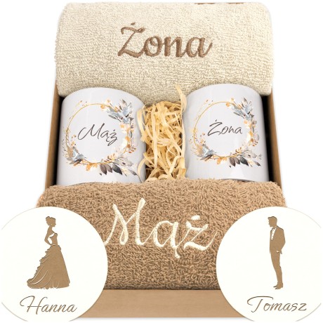 Przejdź do produktu Prezent Ślubny / dla pary – Ręczniki Żona i Mąż + Kubki | Idealny prezent na Ślub, Rocznicę, Jubileusz MZKol1c_4