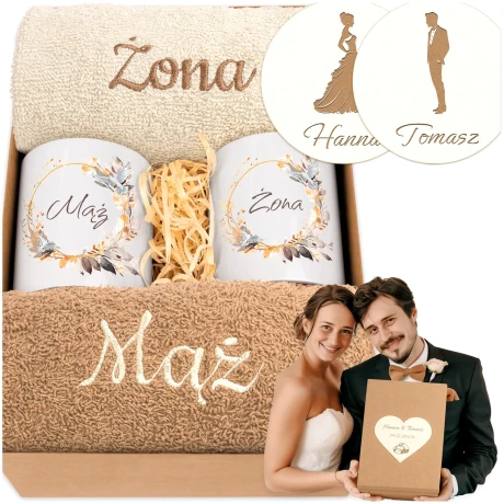 Przejdź do produktu Prezent Ślubny / dla pary – Ręczniki Żona i Mąż + Kubki | Idealny prezent na Ślub, Rocznicę, Jubileusz MZKol1b_4