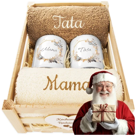 Przejdź do produktu Idealny Prezent Na Święta dla rodziców Drewniana skrzynka ręczniki kubki ŚBN_1Dr2_78