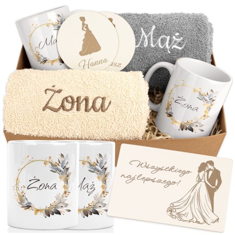 Przejdź do produktu Prezent Ślubny / dla pary – Ręczniki Żona i Mąż + Kubki | Idealny prezent na Ślub, Rocznicę, Jubileusz 2MZKolKrt4b_5