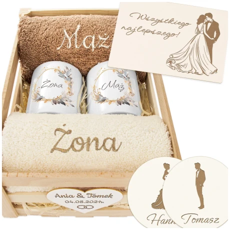 Przejdź do produktu Prezent na Ślub Mąż i Żona – Ręczniki + Kubki w Drewnianej Skrzynce | Idealny na Ślub, Rocznicę, Jubileusz MZ1KolKrtDr2